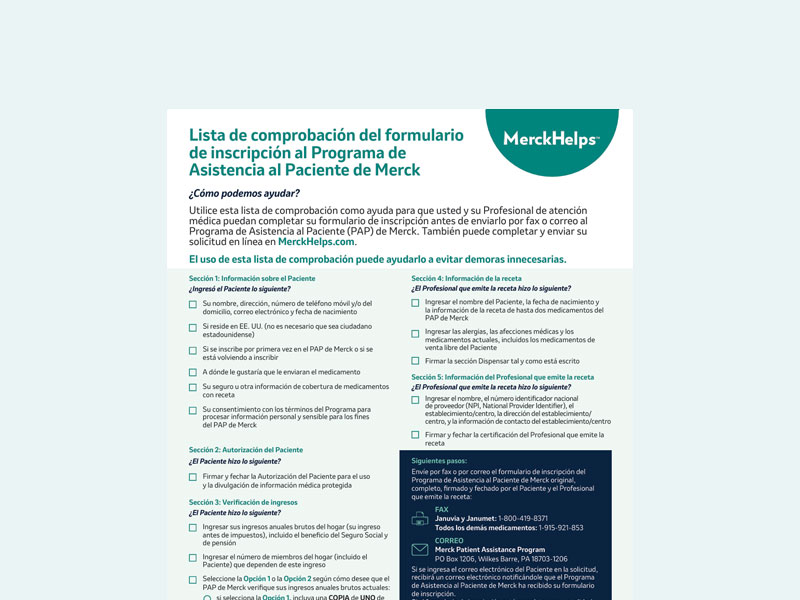 Cover of Merck Patient Assistance Enrollment Form Checklist (Spanish)