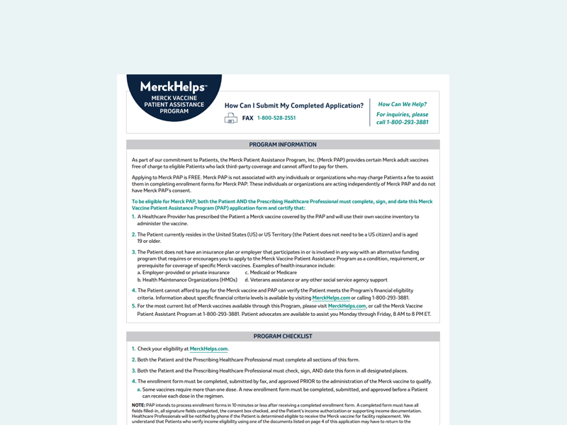 Cubierta del formulario de inscripción para la Asistencia de Vacunación para Pacientes de Merck