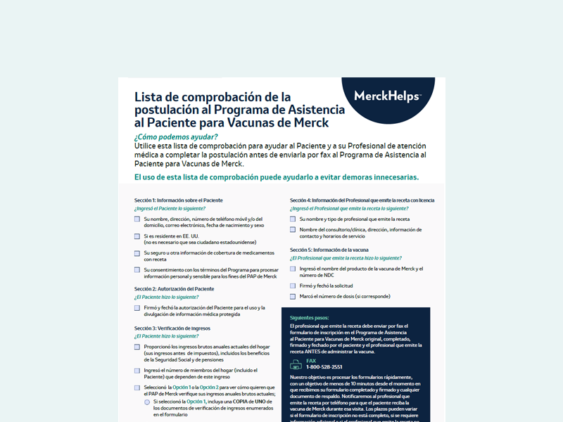Cover of Merck Vaccine Patient Assistance Enrollment Form Checklist (Spanish)
