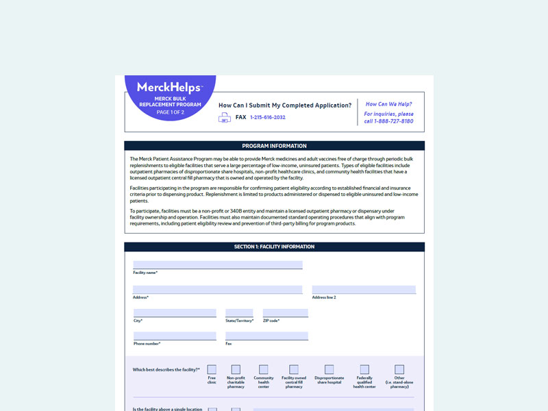 Cover of Merck Bulk Replacement Patient Assistance Program Application